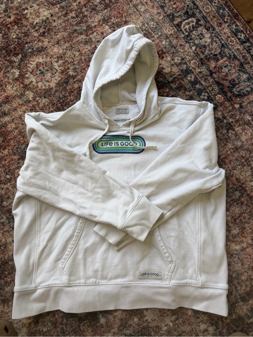Retro looking Life Is Good Men's White Logo Pullover Hoodie with Green Accent